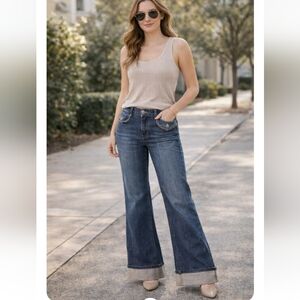 New York & Company Wide Leg Cuffed Jeans Size 4 Blue Flare Bootcut Denim